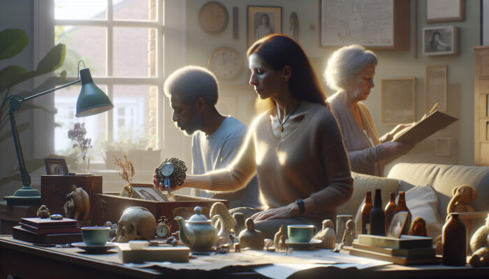 A woman sorts sentimental heirlooms in a serene British home, with supportive family nearby, pausing for tea under soft lighting.
