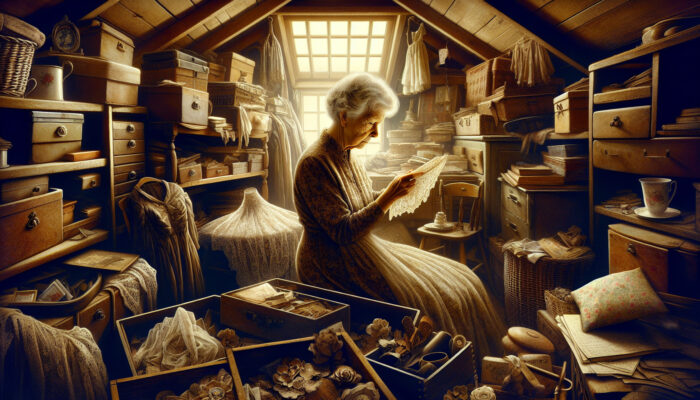 An elderly woman sorts sentimental heirlooms in a cluttered Yorkshire attic, her face showing nostalgia and sorrow in golden light.