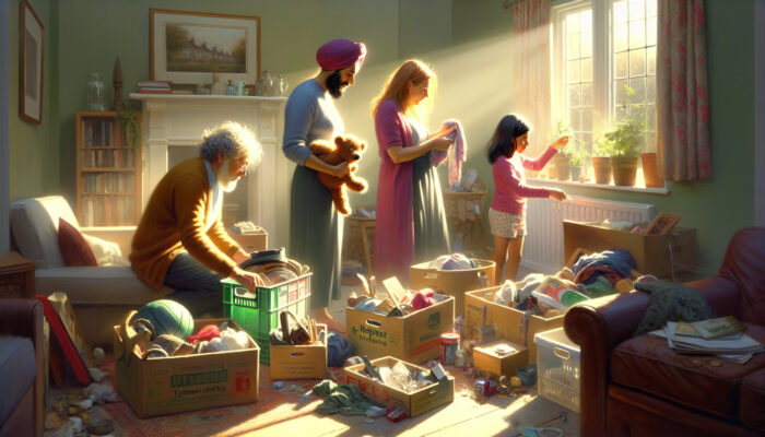 Cozy UK home: Diverse family sorts sentimental items for charity donation, with sunlight on reused objects and green eco motifs.