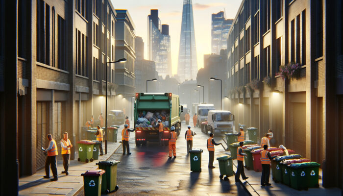 Busy London street at dusk: workers in high-visibility vests load household items onto licensed trucks amid skyscrapers and recycling bins.