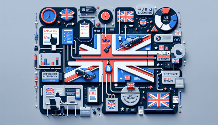 A flowchart illustrating the UK licensing process steps: application, review, approval, and renewal, with document icons and Union Jack symbols.