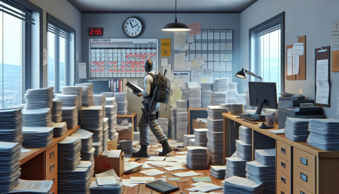 A determined house clearance professional in a cluttered office, surrounded by stacks of incomplete documents, calendars marking weeks to months, and official stamps.