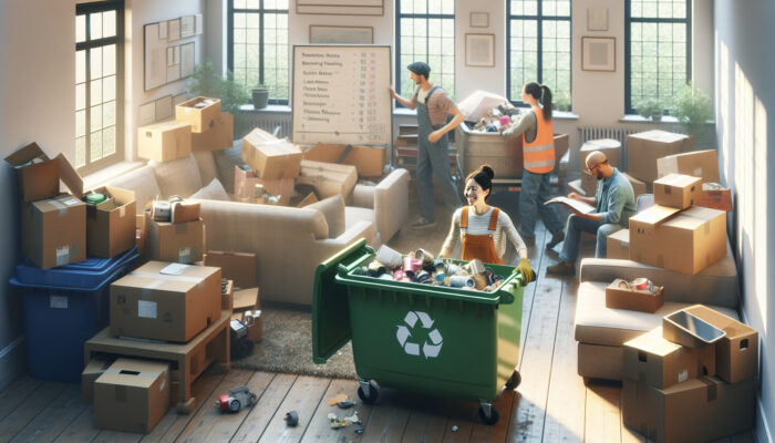 In a sunlit UK home, people sort recycling bins and load furniture onto a charity van with smiling volunteers.