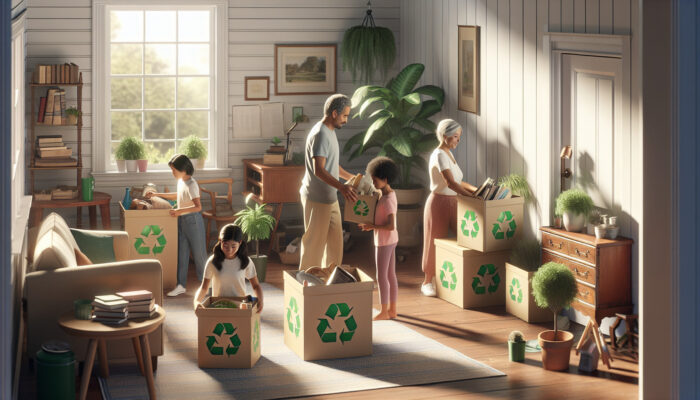 Family sorts vintage furniture into eco-friendly donation boxes in a sunlit home, with recycle symbols and potted plants nearby.