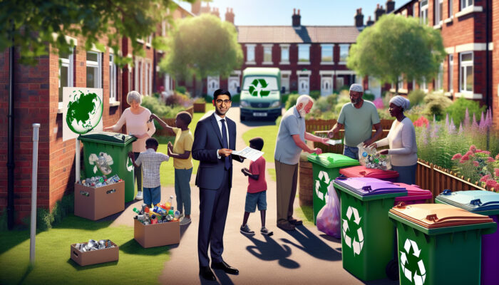 In a vibrant UK street, families sort recyclables into colorful bins as a council official hands out rebate checks under a green banner promoting sustainability.