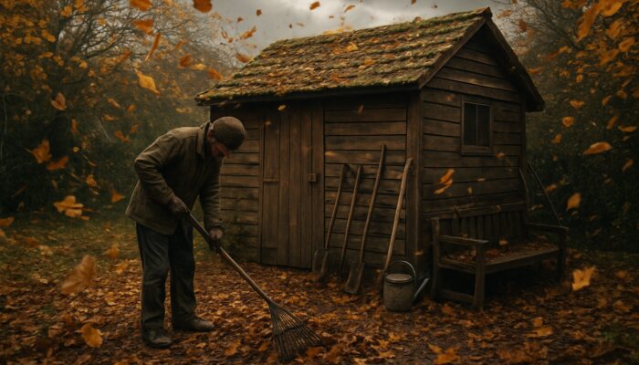 Seasonal Shed Clearance Tips: Rustic UK garden shed in autumn Kent, with gardener raking golden leaves and organizing tools under overcast sky.