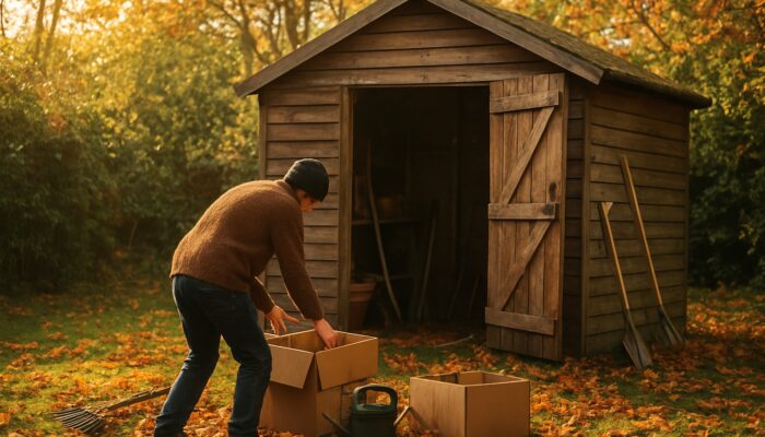 Rustic wooden shed in autumn UK garden, person sorting tools amidst fallen leaves.