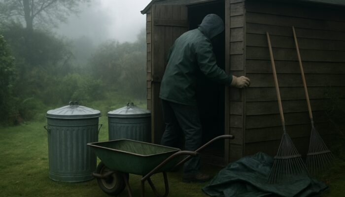 Worker in heavy-duty gloves clearing shed with galvanised bins, rakes, and tarps in misty UK garden.