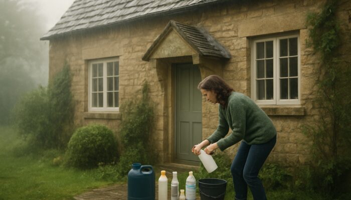 Clearing a UK Rental in Spring: Homeowner arranging damp-proofing tools outside a quaint British cottage in misty spring rain.
