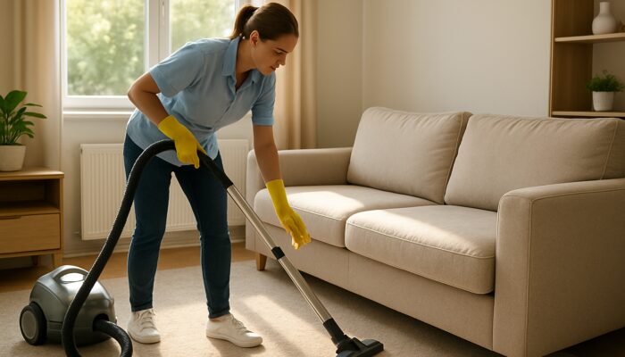 Cleaner vacuuming plush carpets and wiping furniture in a sunlit UK rental flat.