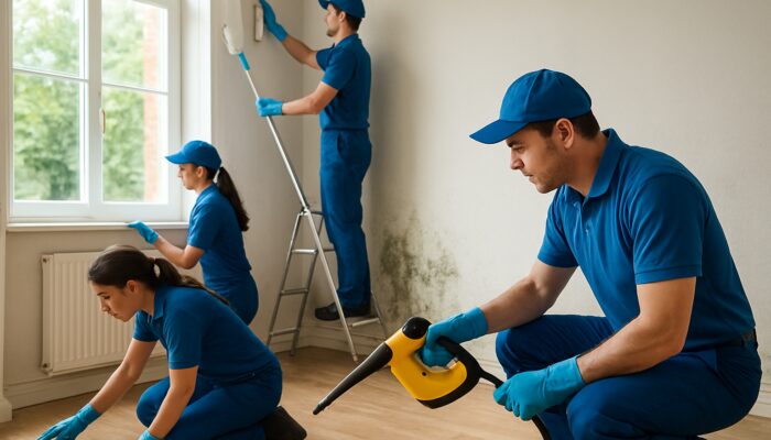 Professional cleaners in blue uniforms removing mould from a sunlit UK rental home.