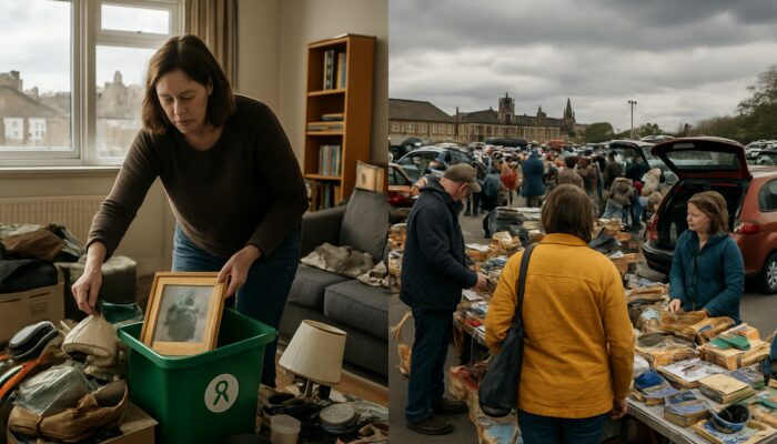Busy UK resident sorting items into Oxfam bins in cluttered London flat, envisioning vibrant Manchester car boot sale.