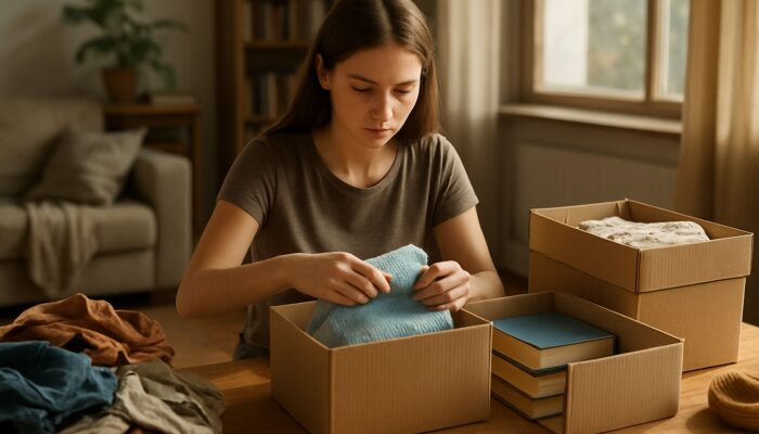 A beginner sorting clothes and books into labeled boxes in a cluttered, sunlit home.