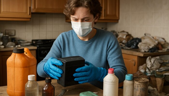 Cautious beginner sorting old electronics and chemicals in cluttered UK home, wearing Boots safety gloves.