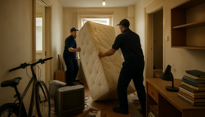 Workers maneuvering beds and desks through narrow corridors in a cluttered Cambridge student flat during house clearance.