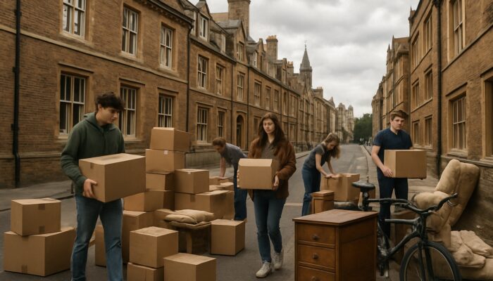 Students clearing cluttered Cambridge house with boxes, furniture, and bikes against historic buildings.