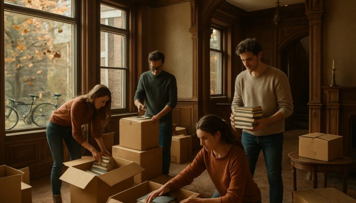 Students packing boxes in a cluttered Victorian house in Cambridge, with bicycles and autumn leaves.