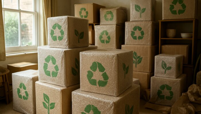 Stacks of recycled cardboard boxes wrapped in biodegradable bubble wrap, with green recycling symbols in a cluttered UK home.