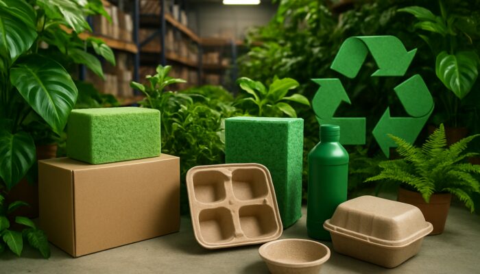 Vibrant UK warehouse with eco-friendly plant-based foams, recycled plastics, lush plants, and recycling symbols.