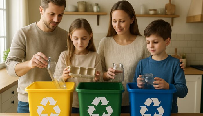 British family sorting recyclables into colorful bins in a cozy kitchen, examining eco-friendly packaging.
