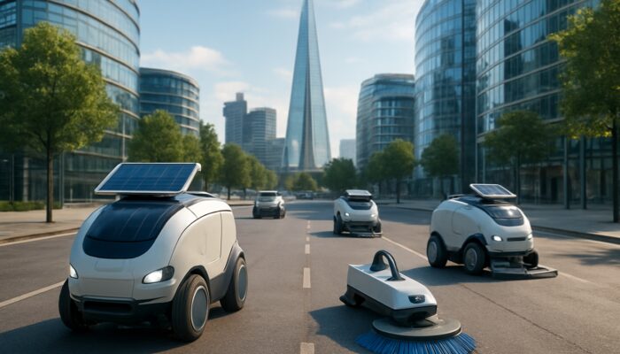 Futuristic UK cityscape with high-tech cleaning robots using solar-powered tools.