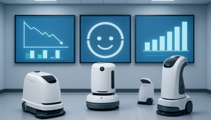 High-tech UK control room with dashboards showing declining waste graphs, rising hygiene meters, and robotic cleaners.