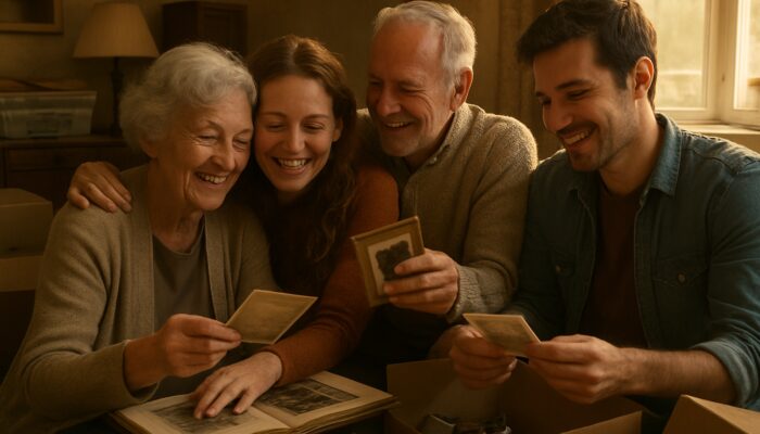 Multigenerational family sorting heirlooms in cluttered British home, sharing hugs and nostalgic smiles over old photos.