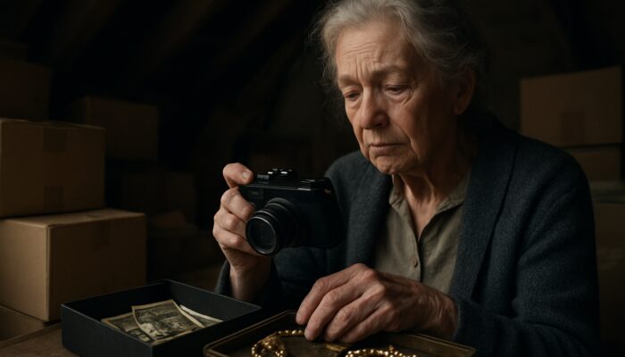 Elderly woman in cluttered UK attic photographing heirloom treasures, surrounded by boxes, with nostalgic sorrow.