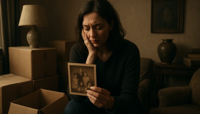 Grief-stricken woman holding old family photo amid packed boxes in dimly lit British living room.