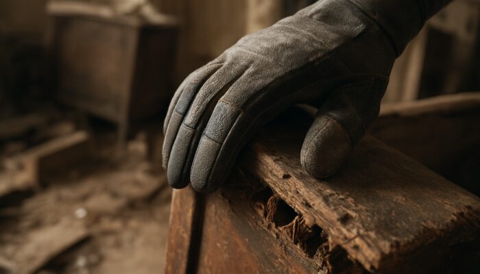 Durable layered gloves with puncture-resistant liners protecting hands from sharp furniture edges in house clearance.