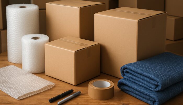 Wooden table overflowing with labeled double-walled boxes, bubble wrap, tape, and moving blankets for UK house move.
