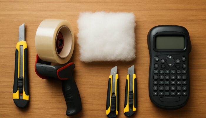 Beginner's packing toolkit on wooden table: utility knife, tape dispenser, padding, box cutters, and label maker.