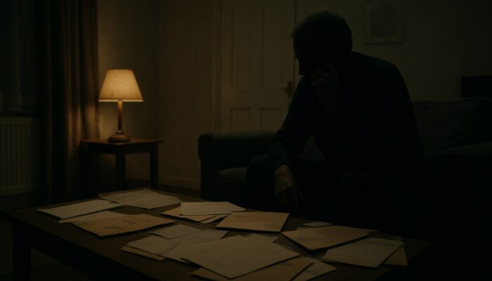 Dimly lit UK flat with scattered probate documents and a somber figure on the phone.