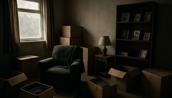 Dimly lit UK flat with packed boxes, faded photos, and scattered belongings during clearance.