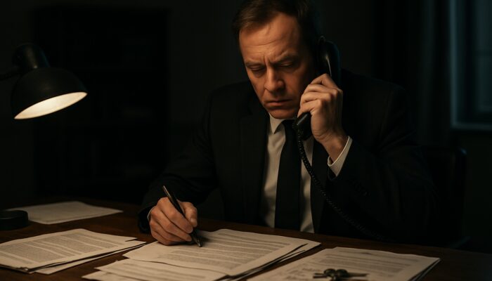 Executor reviewing tenancy agreements and calling landlord in dimly lit office with legal documents.