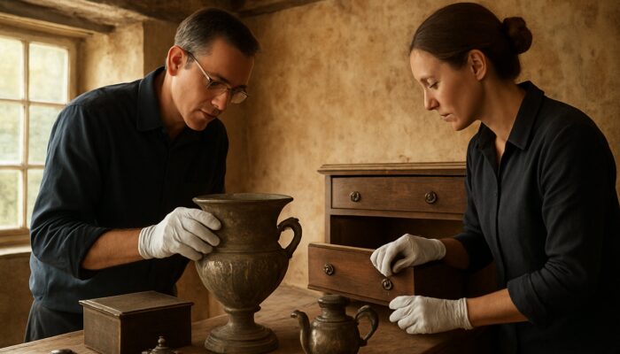 Assessors in gloves examining antique furniture in a rustic Norfolk cottage interior.
