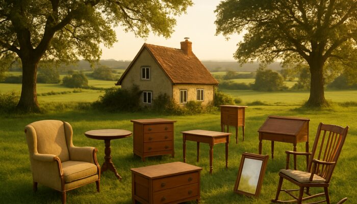 Serene Norwich cottage with antique furniture in rolling green fields under golden sunlight.