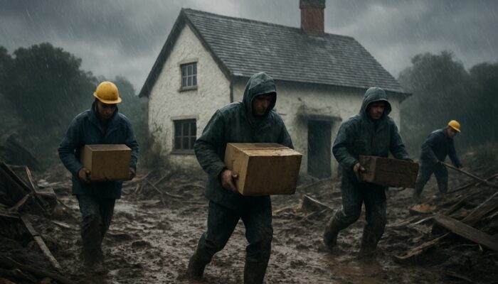 Workers clearing cluttered rural British cottage in heavy rainstorm and mud.