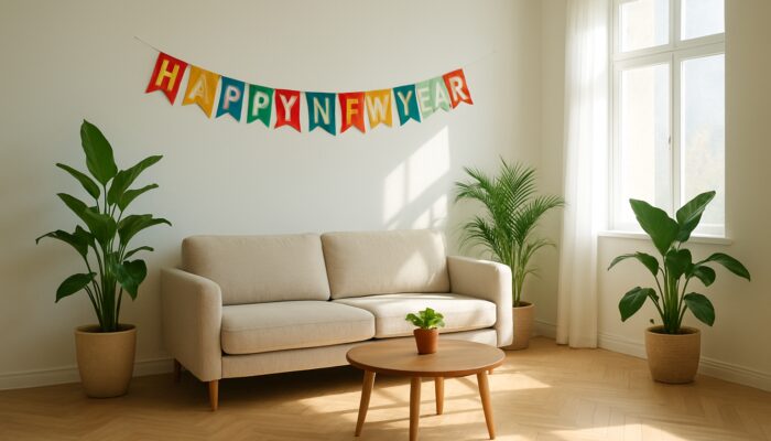 Sunlit living room after house clearance: white walls, potted plants, and New Year's banner.