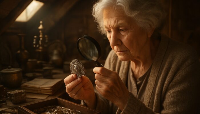 Elderly woman appraising ornate silver heirloom with magnifying glass in sunlit attic