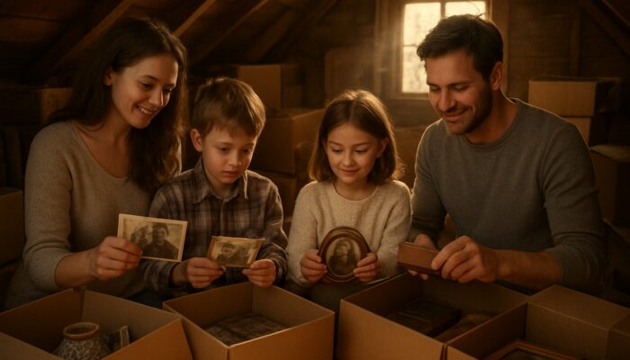 Family sorting heirlooms and photos in sunlit attic during house clearance