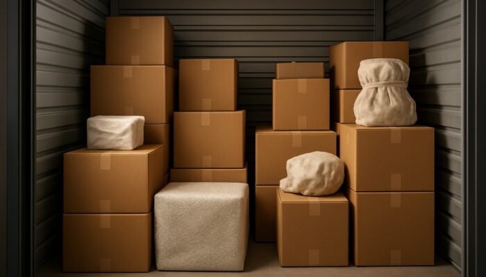 Climate-controlled storage unit with neatly organized labeled boxes of protected family heirlooms.