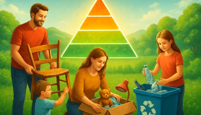 UK family donating furniture and sorting recyclables under glowing waste hierarchy pyramid in green landscape