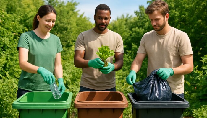 Eco-conscious team sorting household waste into labeled recycling bins in lush green garden