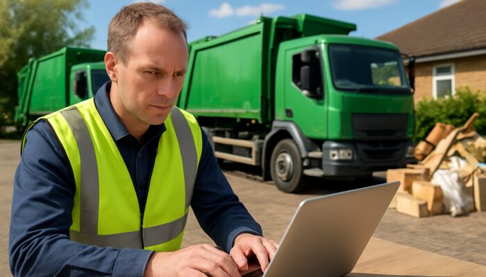 Compliance manager verifies licensed waste carriers on Environment Agency register at tidy house clearance site.