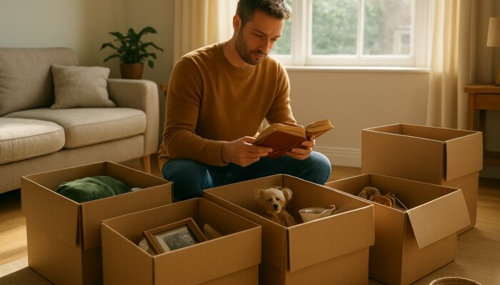 Homeowner sorting belongings into labeled reuse, resale, donation and disposal boxes in sunlit Hull living room.