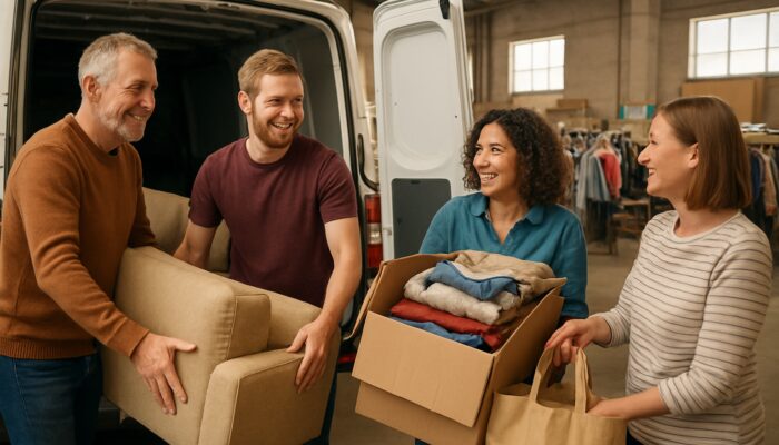 Hull residents unloading sofas and clothes donations at bustling charity center