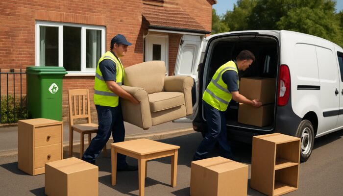 Workers loading furniture into van during organized house clearance in Hull near recycling and charity signs.
