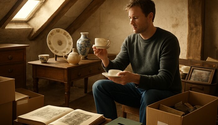 Person appraising antiques and china in sunlit UK attic during house clearance for resale value