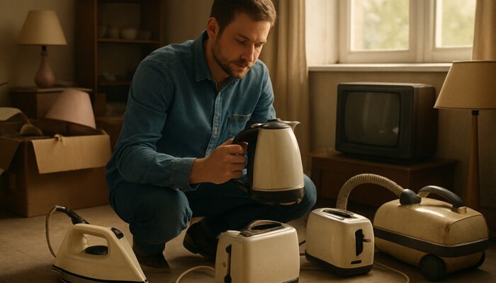 Homeowner inspects vintage UK appliances with certified plugs and energy labels in cluttered room